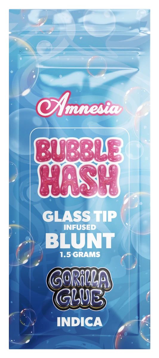 Gorilla Glue Bubble Hash glass-tip infused blunt and blue Amnesia packaging