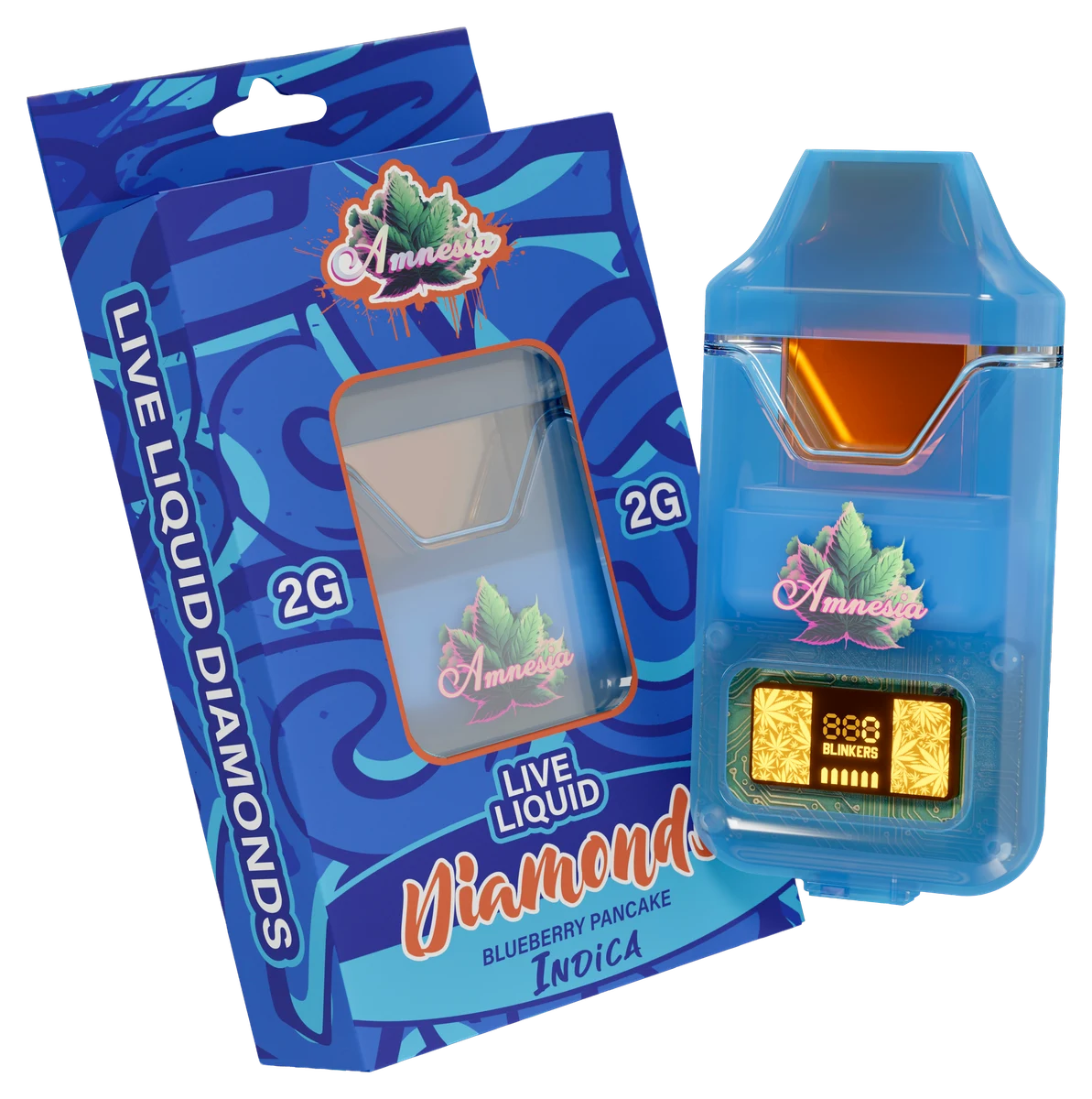 Amnesia Live Liquid Diamonds Blueberry Pancake Indica vape and package