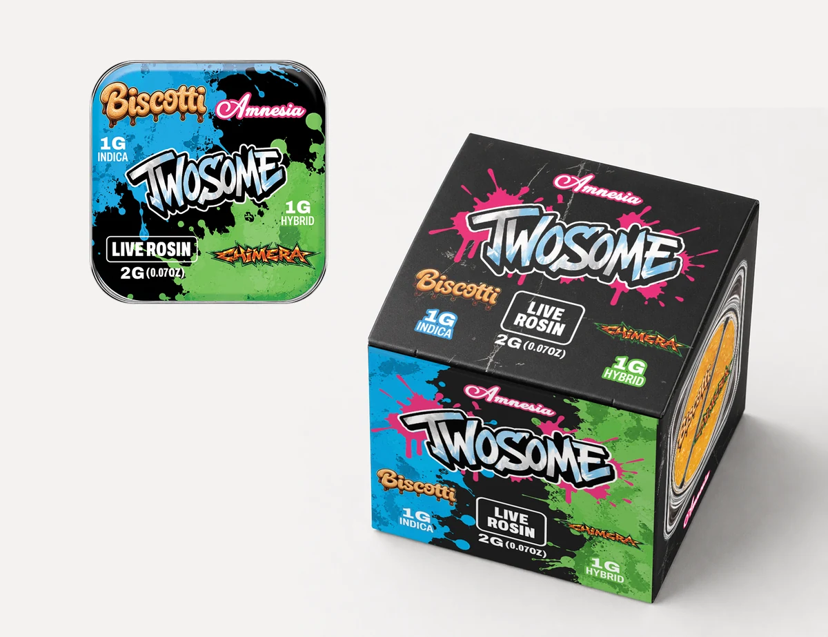 Amnesia Twosome Biscotti and Chimera live rosin package and jar lid