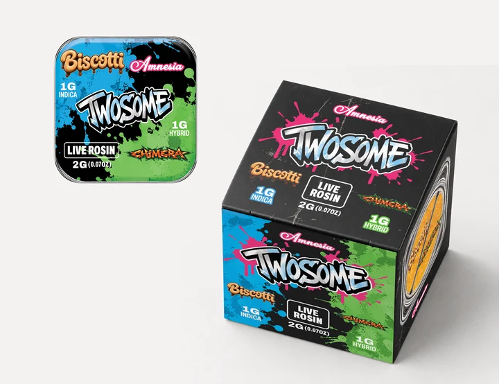 Twosome Biscotti and Chimera 2G live rosin concentrate tin and box